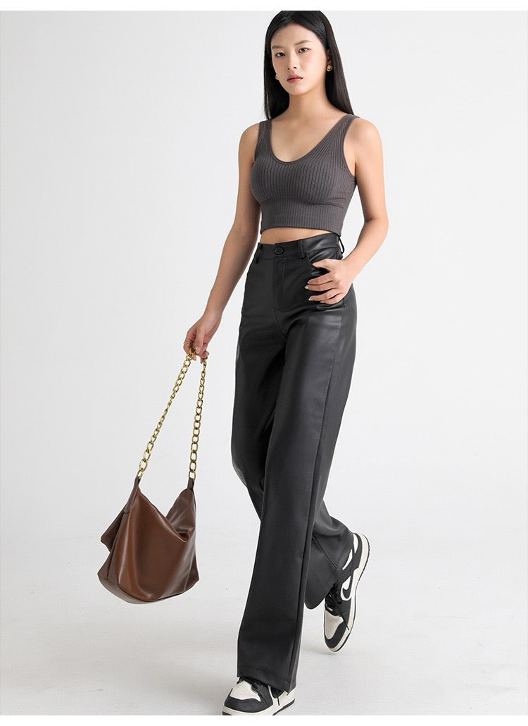 Pantalon Femme En Simili Cuir Taille Haute - Coupe Droite