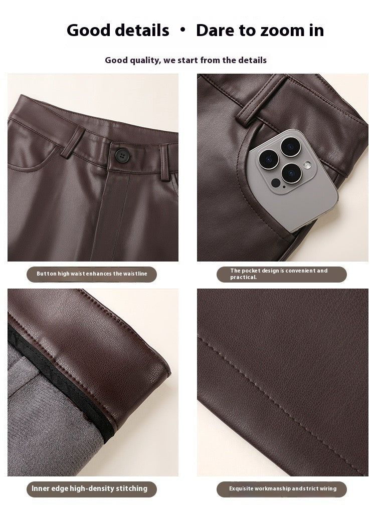 Pantalon Femme En Simili Cuir Taille Haute - Coupe Droite
