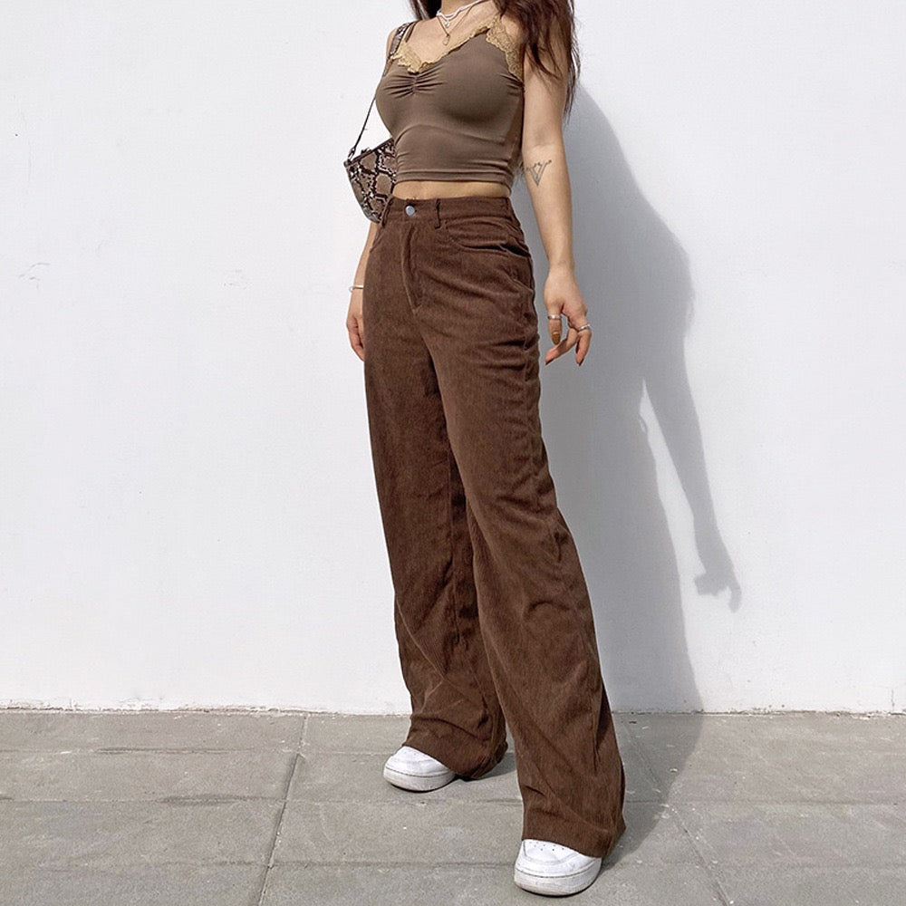 Pantalon Femme En Velours Côtelé - Taille Haute Et Coupe Droite