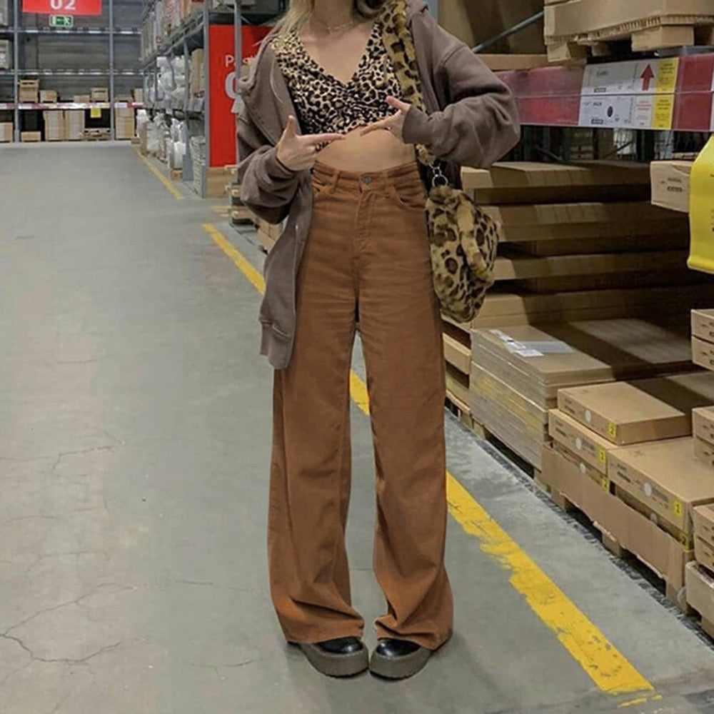 Pantalon Femme En Velours Côtelé - Taille Haute Et Coupe Droite