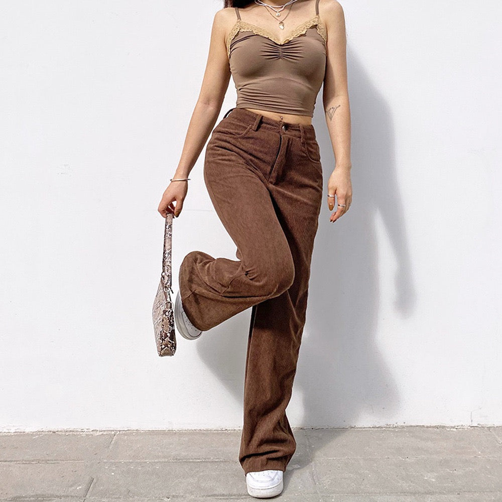 Pantalon Femme En Velours Côtelé - Taille Haute Et Coupe Droite